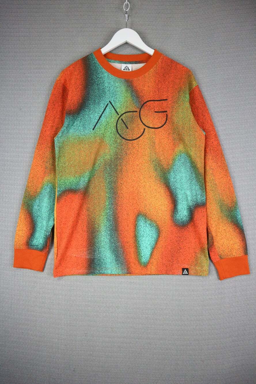 Nike ACG Long Sleeve Shirt Orange Green Abstract Tie Dye XS Graphic Crewneck Top